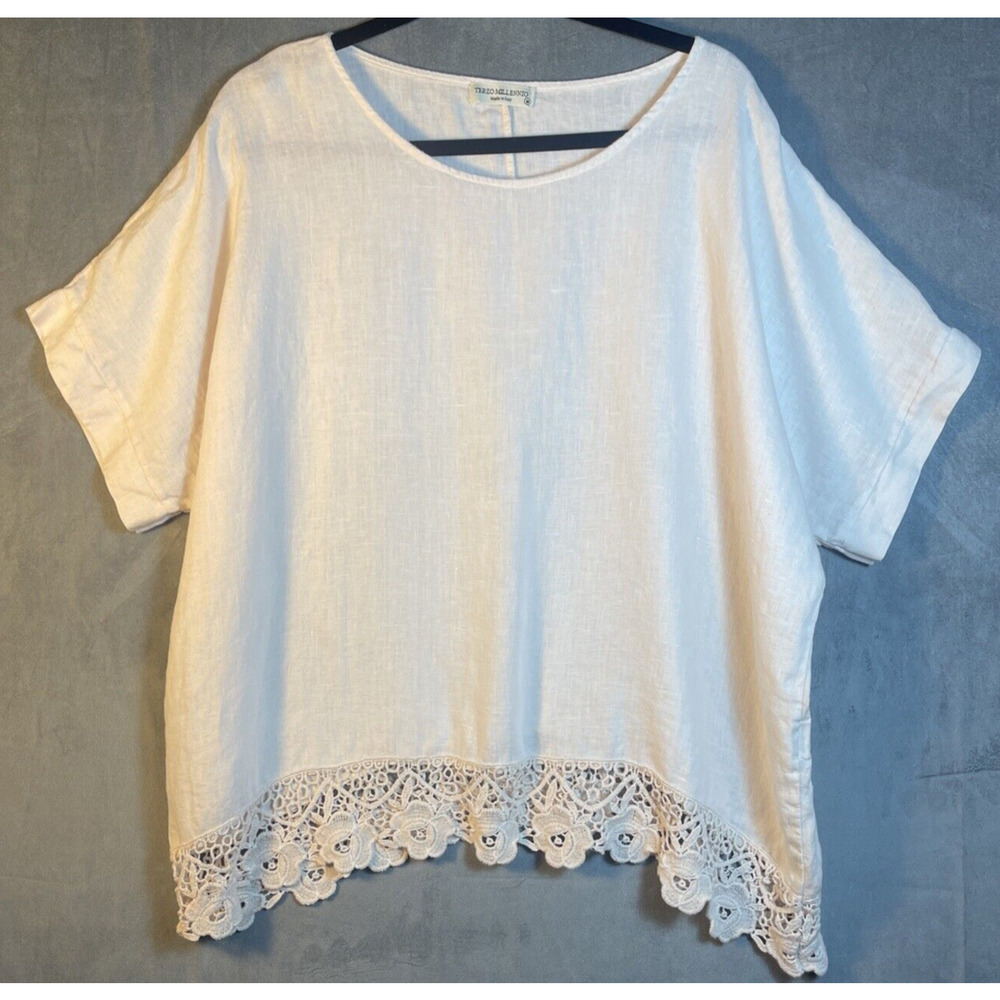 Terzo Millennio Women’s‎ Blush Short Sleeve Linen Crochet Hemline Size M